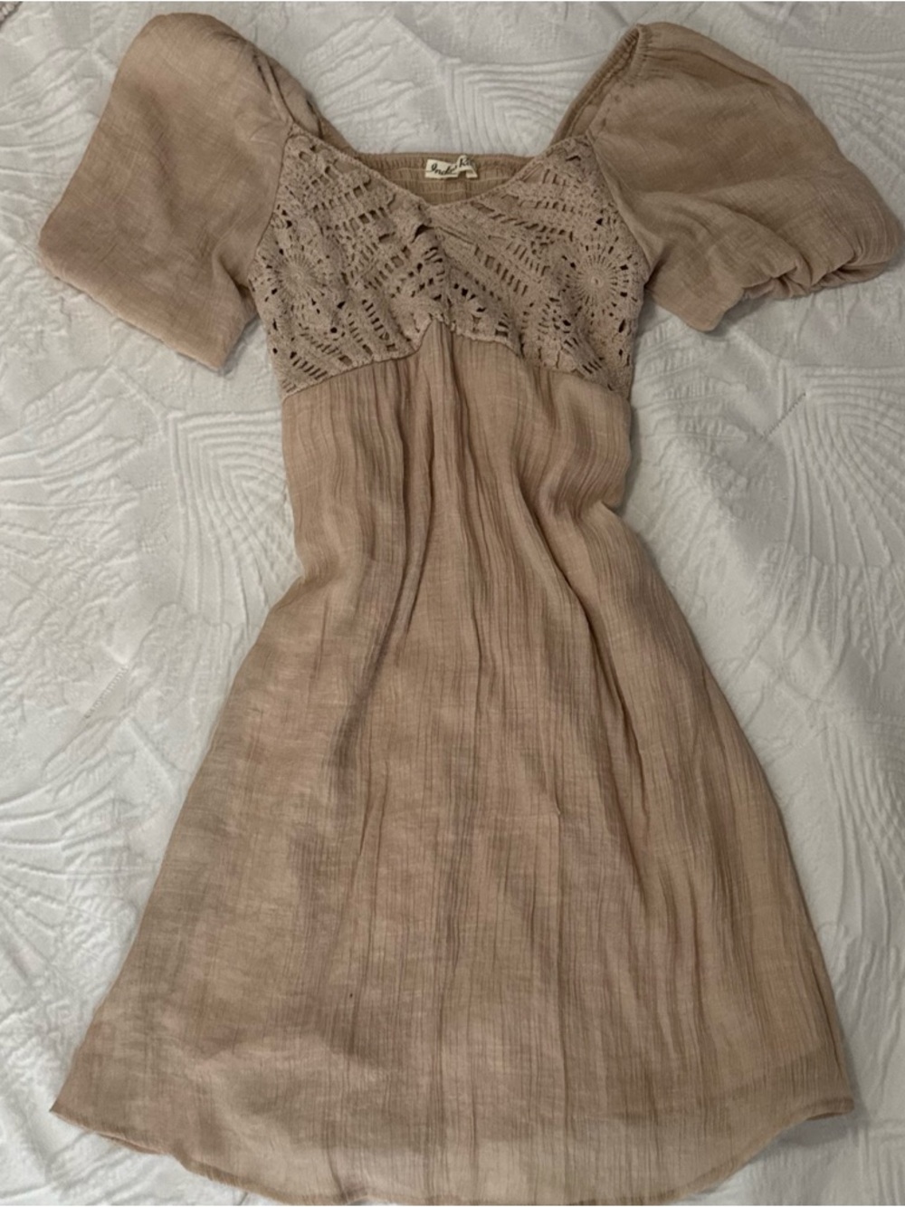 Boho Crochet Yoke Mini Dress in Beige